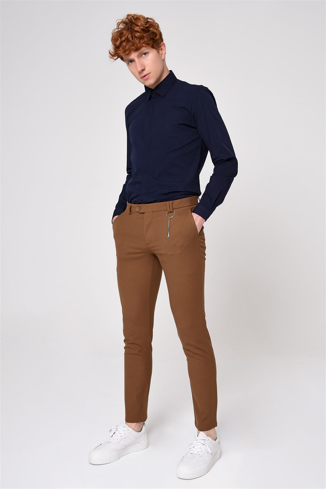 Pantalón de hombre de tejido accesorio recto slim fit marrón claro - Wessi