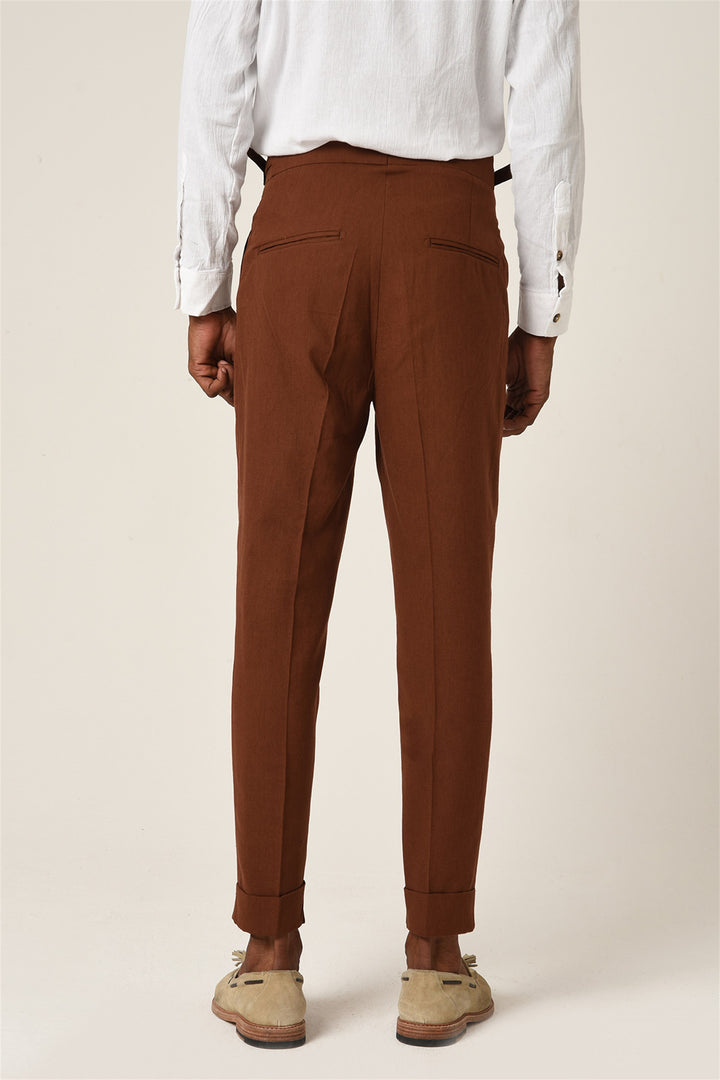 Men's Brown High Waist Buckle Belt Pleated Linen Trousers - Wessi