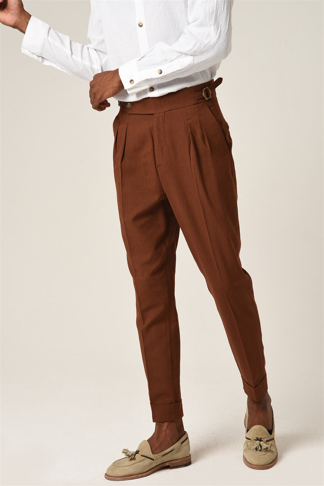 Men's Brown High Waist Buckle Belt Pleated Linen Trousers - Wessi