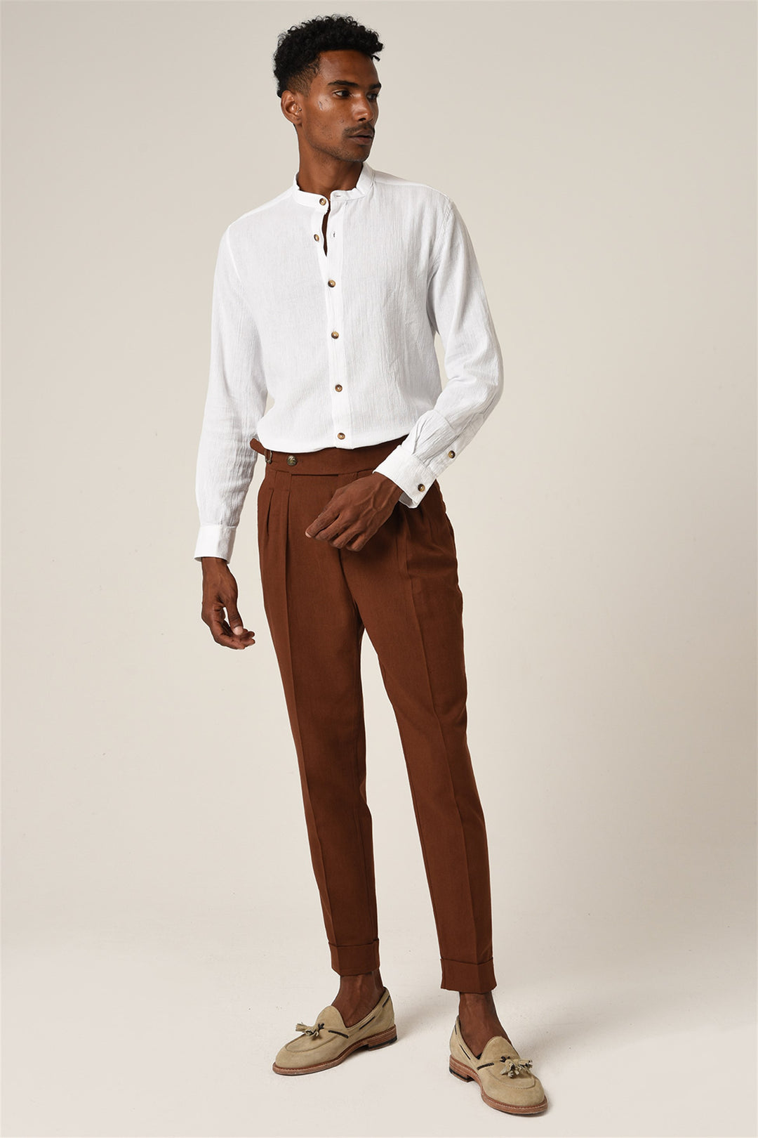 Men's Brown High Waist Buckle Belt Pleated Linen Trousers - Wessi