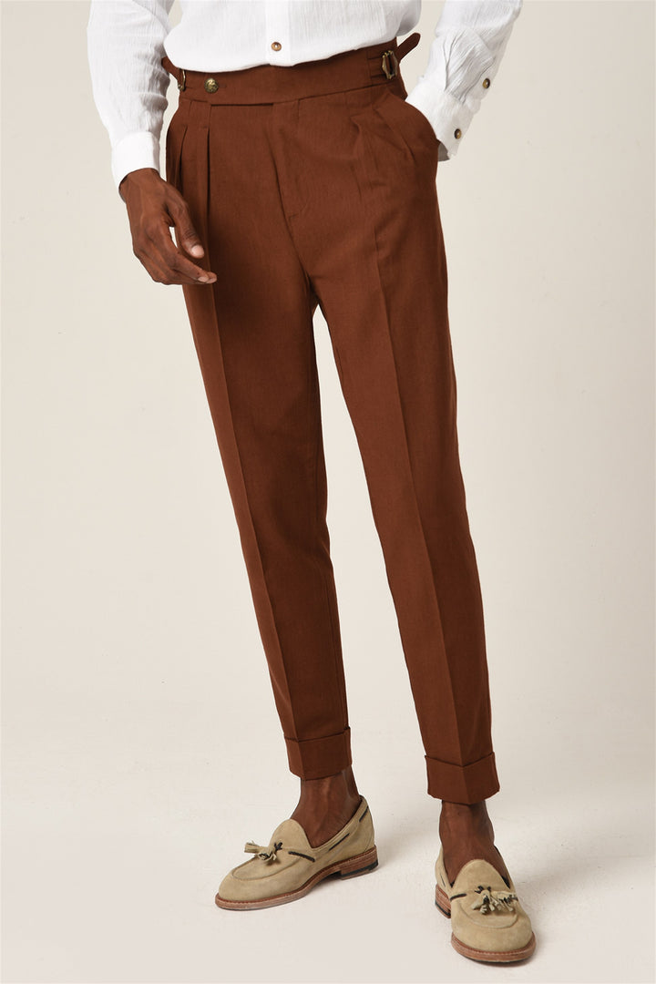 Men's Brown High Waist Buckle Belt Pleated Linen Trousers - Wessi