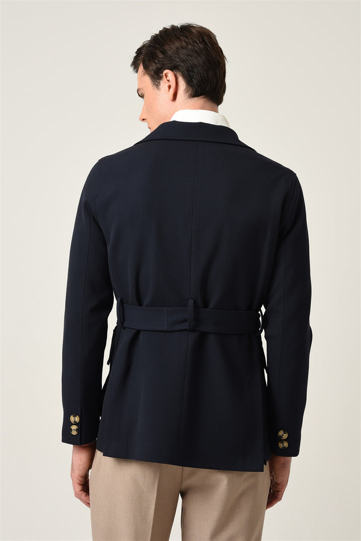 Men's Navy Blue Jacket Collar Belted Seasonal Coat - Wessi