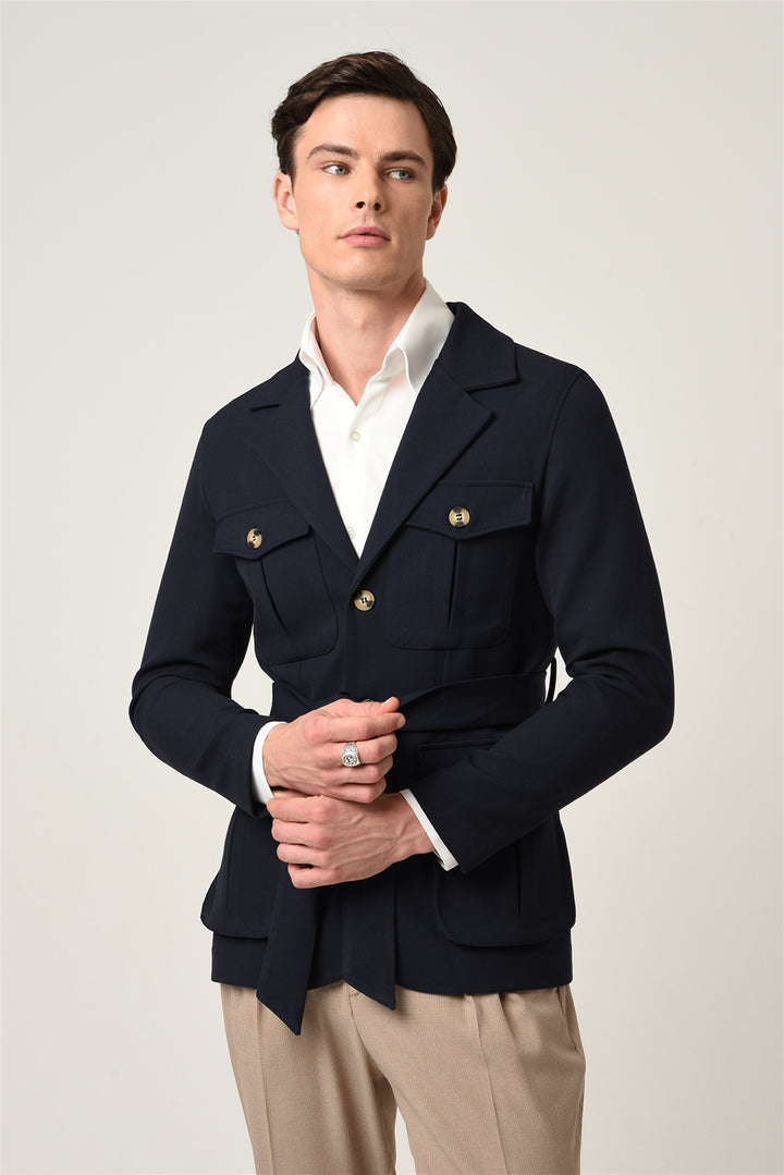 Men's Navy Blue Jacket Collar Belted Seasonal Coat - Wessi