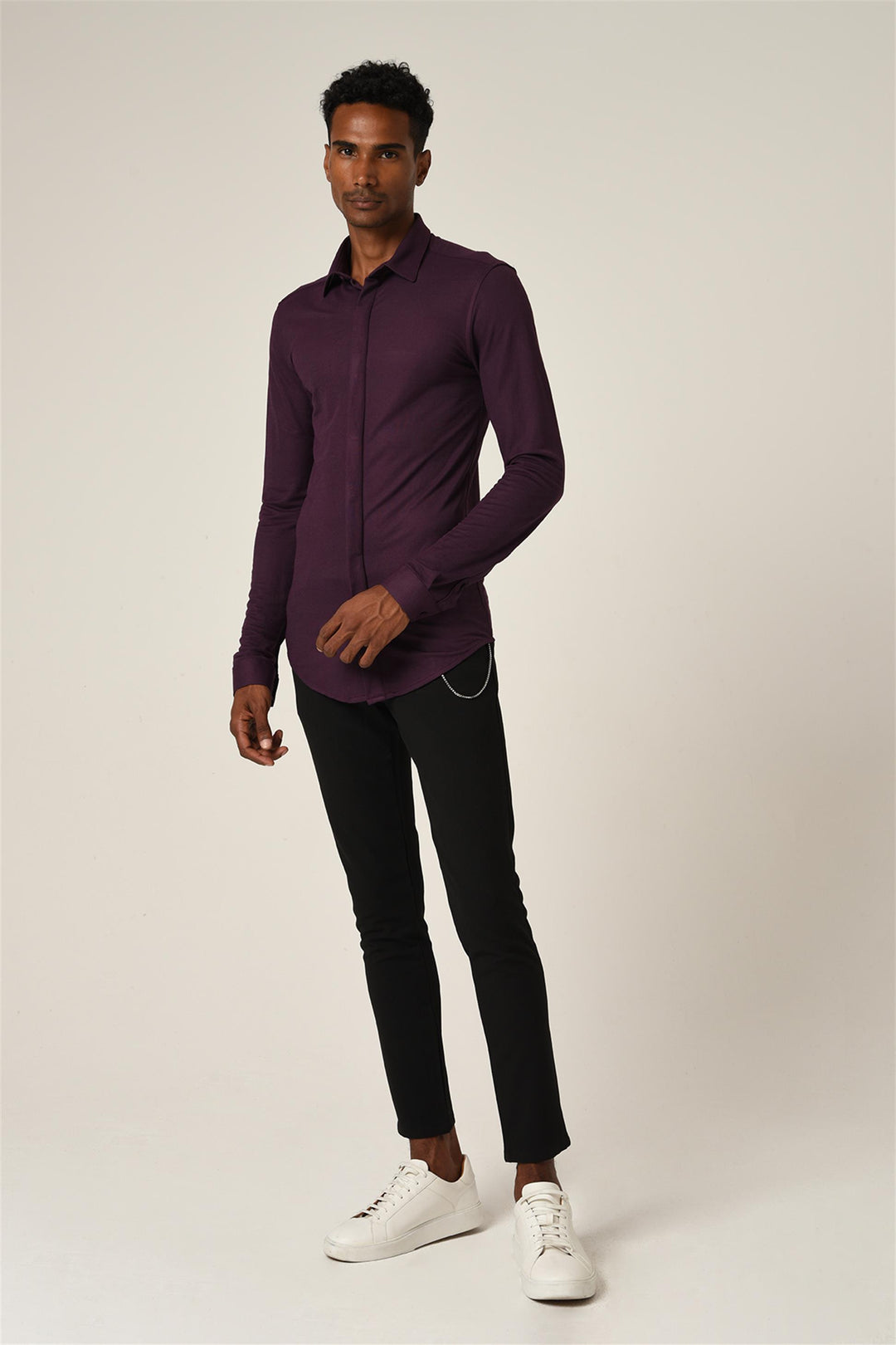 Men's Damson Hidden Button Long Sleeve Slim Fit Knitwear Shirt - Wessi