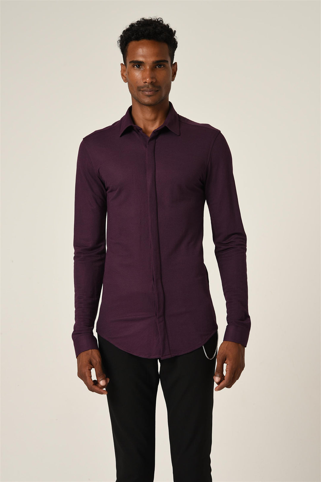 Men's Damson Hidden Button Long Sleeve Slim Fit Knitwear Shirt - Wessi