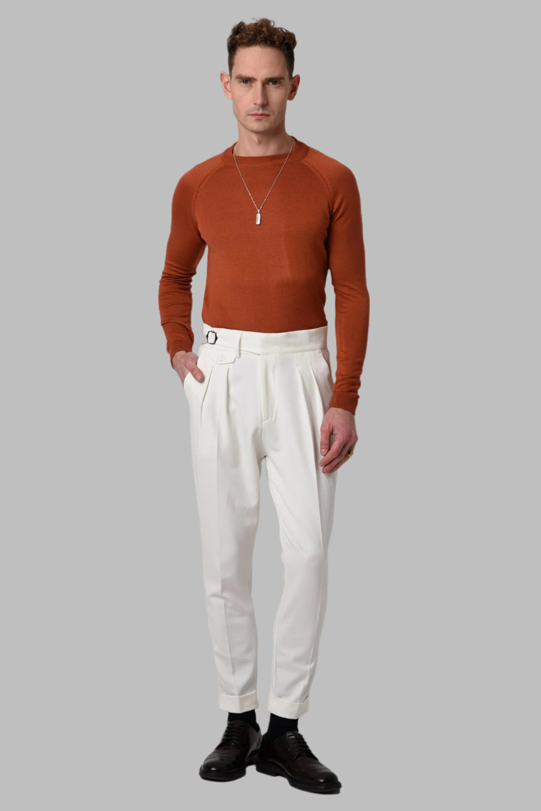 Men's Orange Crew Neck Slim Fit Knitwear Sweater - Wessi