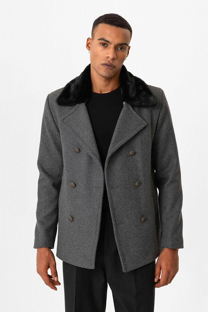 Anthracite Fur Collar Double-Breasted Men's Coat - Wessi