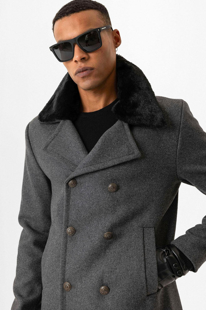 Anthracite Fur Collar Double-Breasted Men's Coat - Wessi