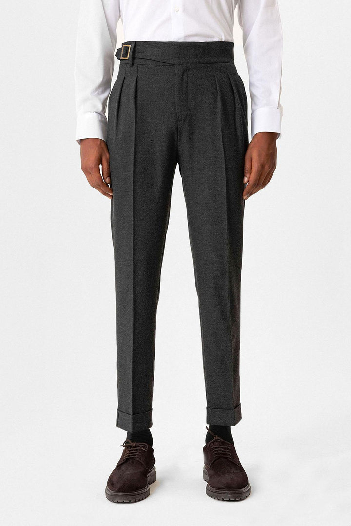 Anthracite Pleated Men's Trousers with Buckle Detail - Wessi