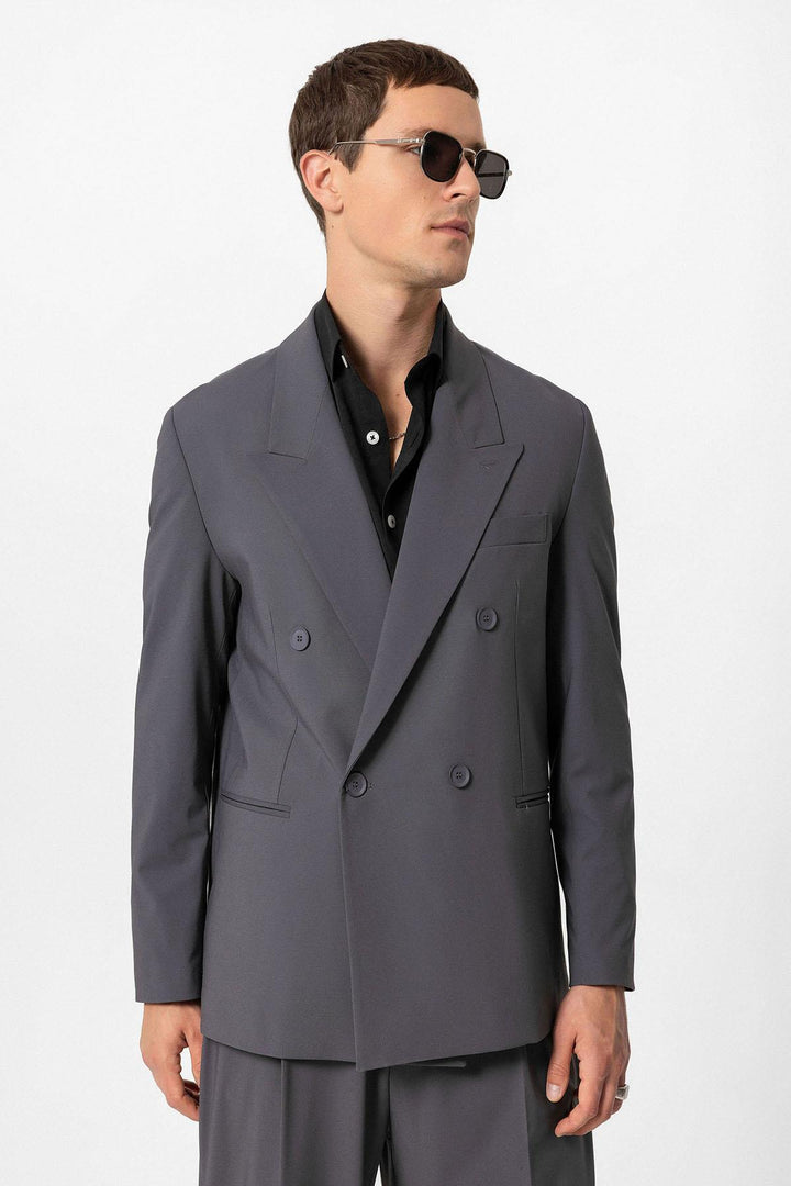 Anthracite Single Button Double-breasted Men's Blazer Jacket - Wessi