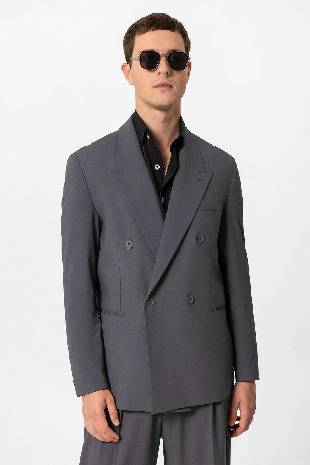 Anthracite Single Button Double-breasted Men's Blazer Jacket - Wessi