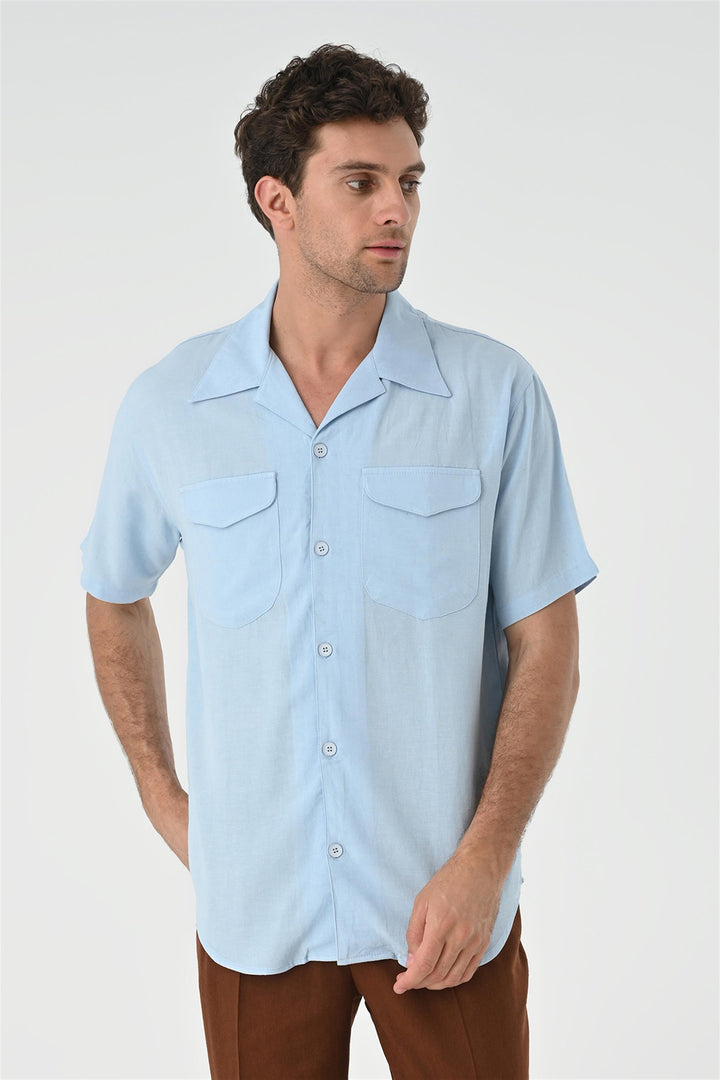 Men's Blue Camp Collar Pocket Detailed  Shirt - Wessi