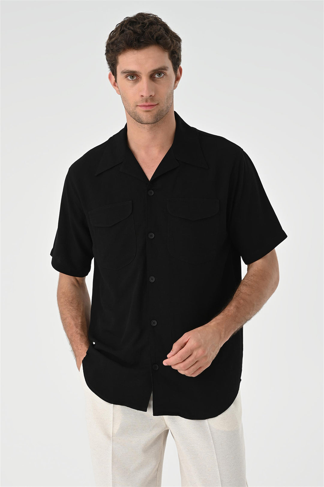 Men's Black Camp Collar Pocket Detailed  Shirt - Wessi