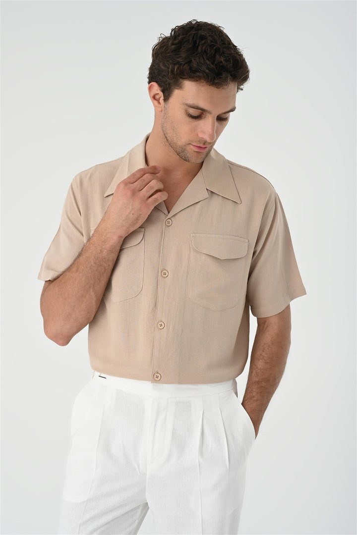 Men's Beige Camp Collar Pocket Detailed  Shirt - Wessi