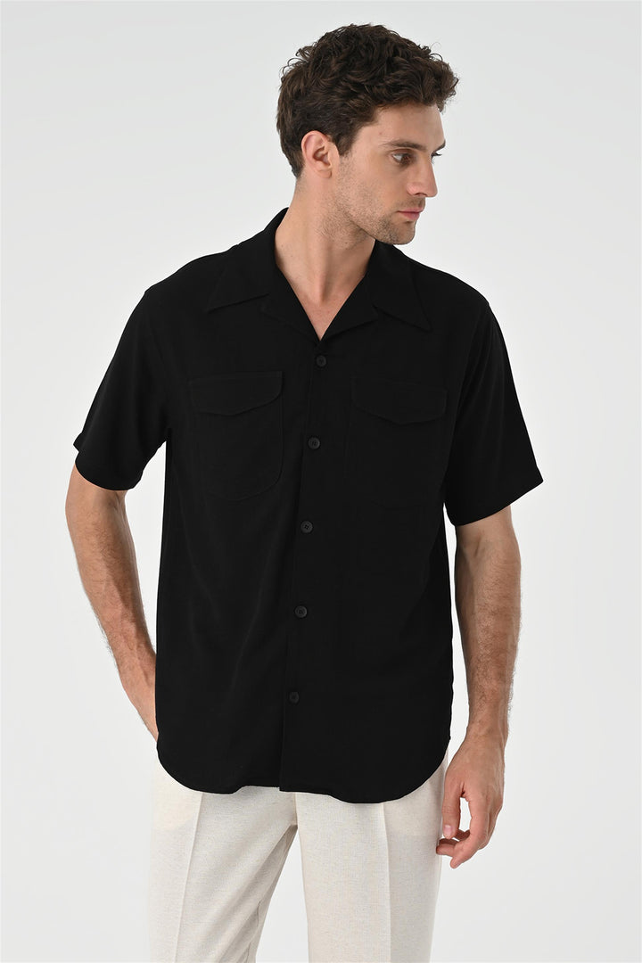 Men's Black Camp Collar Pocket Detailed  Shirt - Wessi