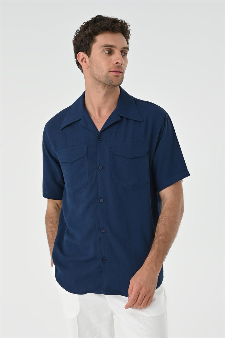 Men's Navy Blue Camp Collar Pocket Detailed  Shirt - Wessi