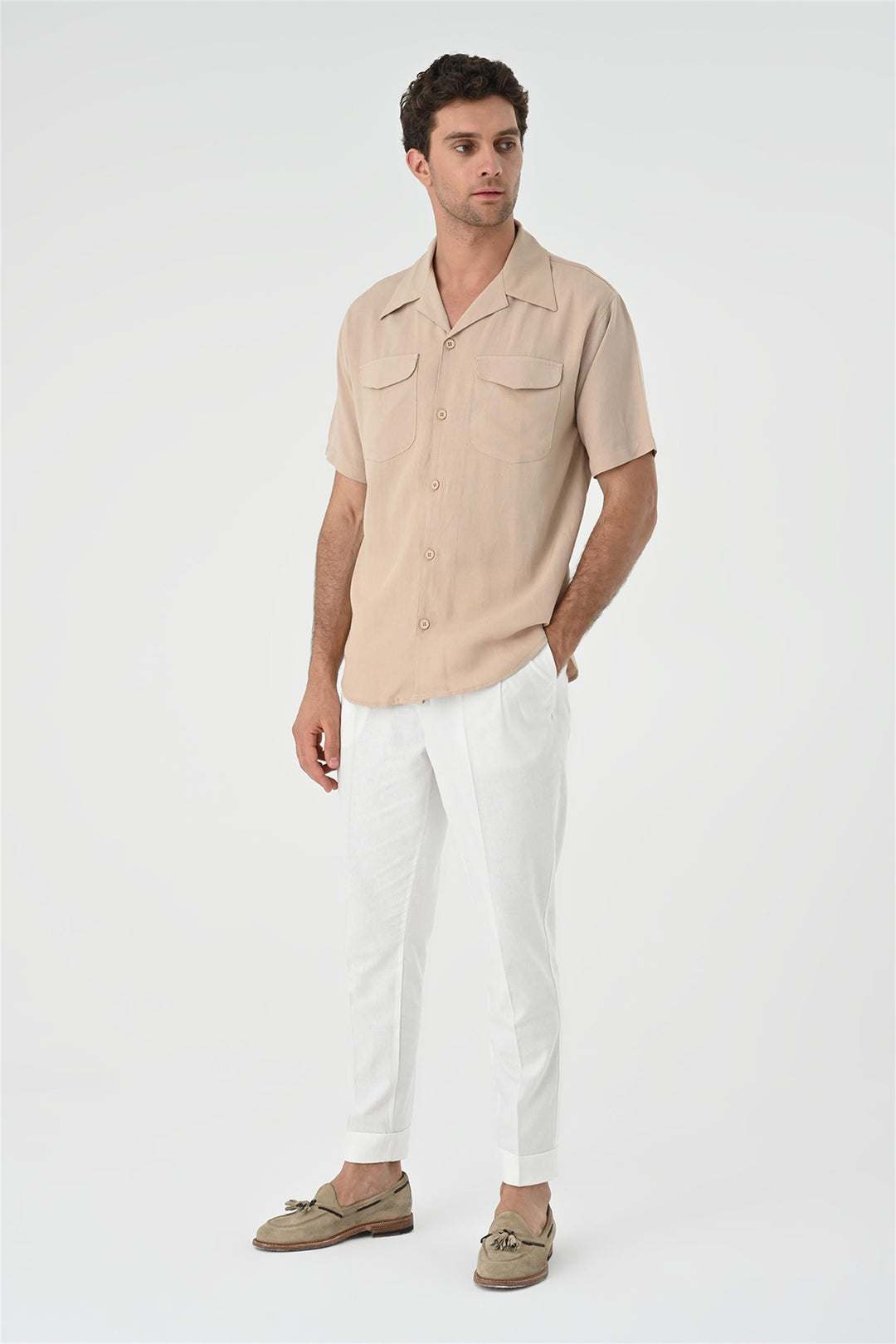 Men's Beige Camp Collar Pocket Detailed  Shirt - Wessi