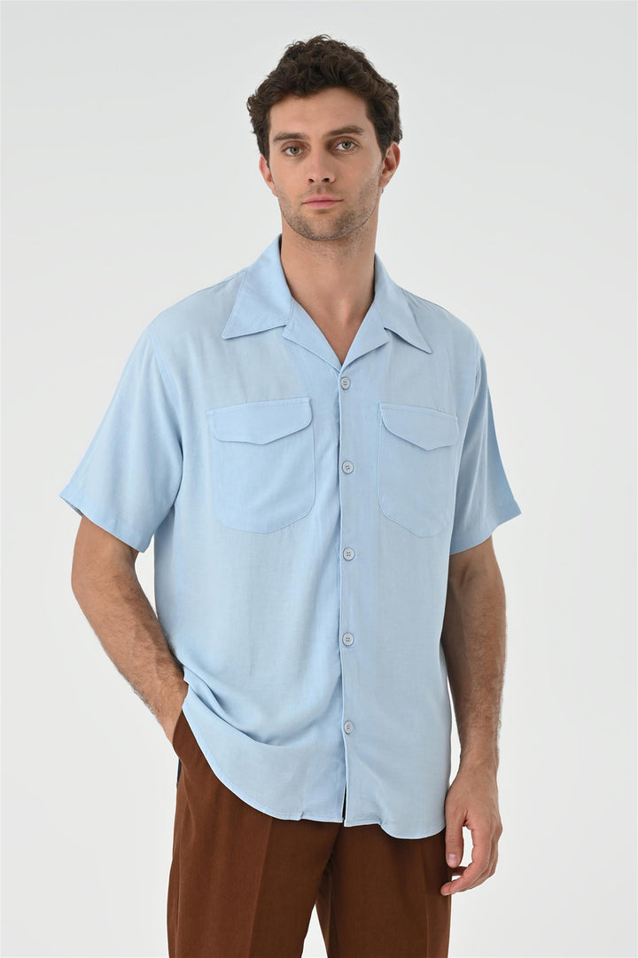 Men's Blue Camp Collar Pocket Detailed  Shirt - Wessi