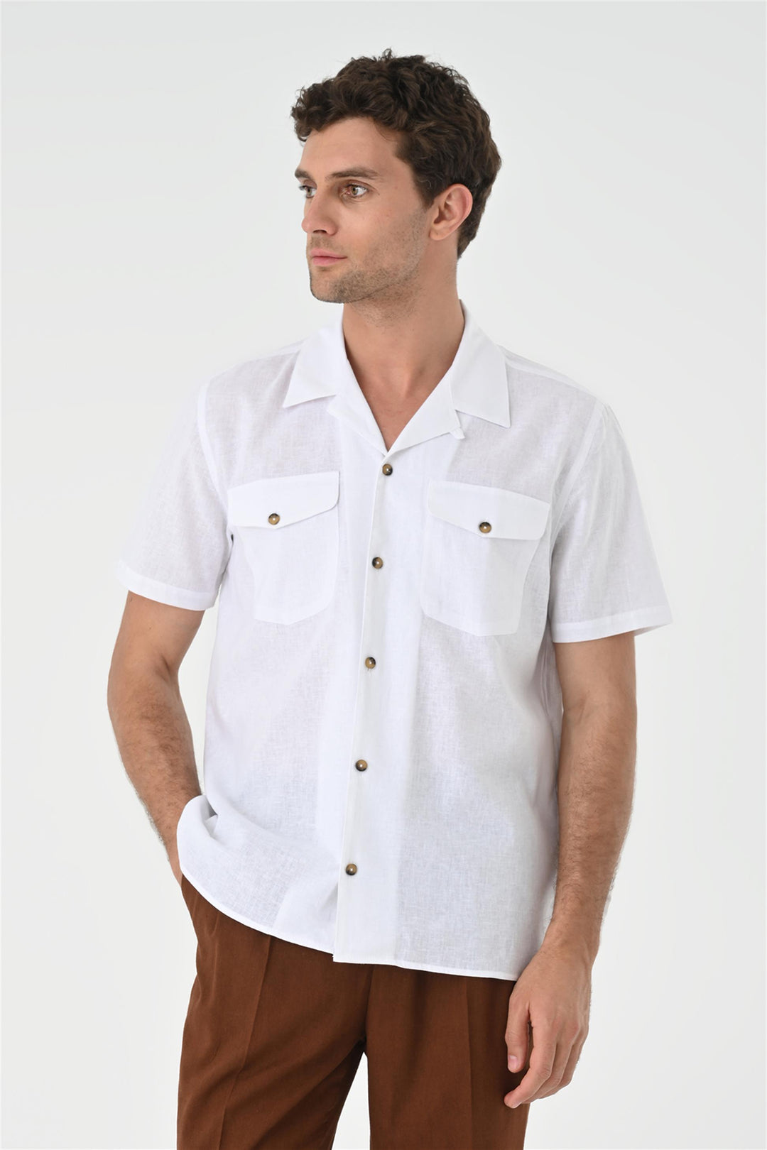 Men's White Camp Collar Pocket Detailed  Shirt - Wessi