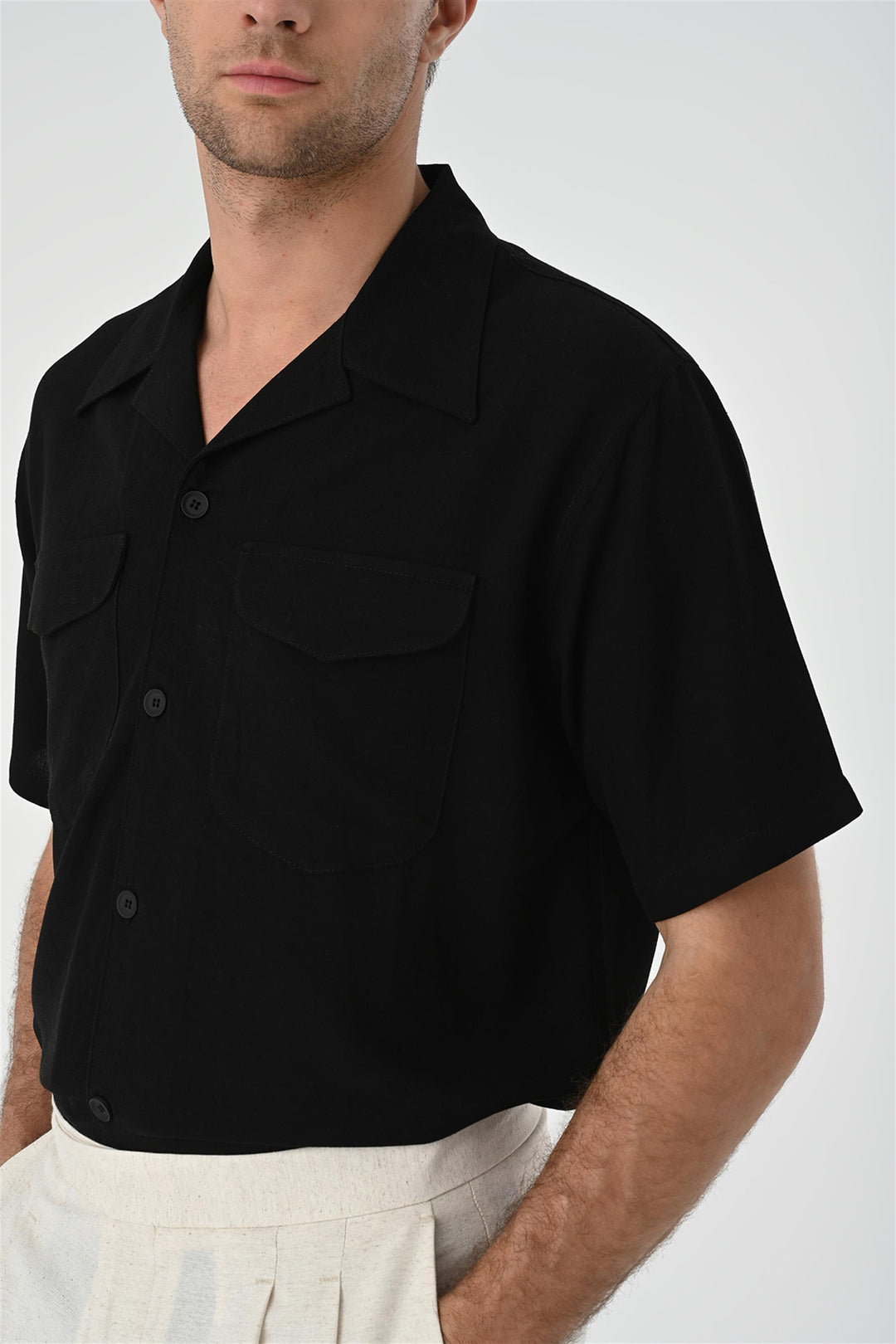 Men's Black Camp Collar Pocket Detailed  Shirt - Wessi