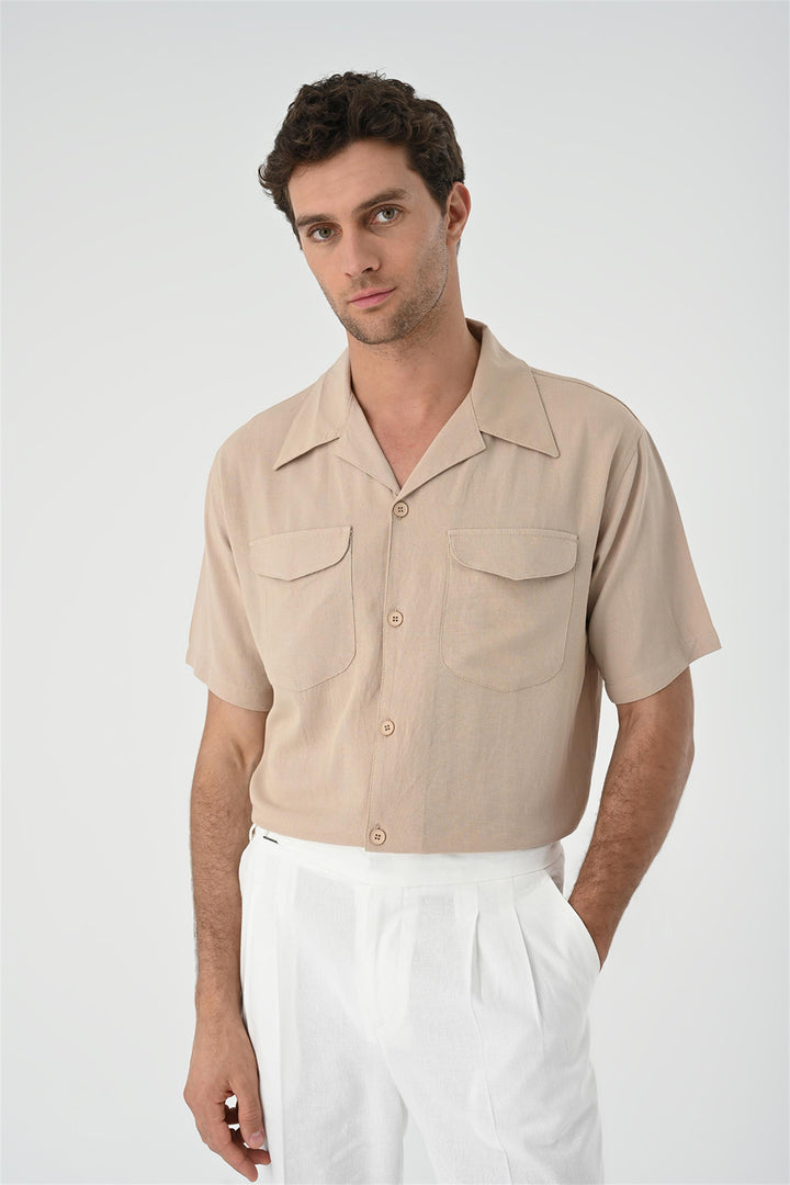 Men's Beige Camp Collar Pocket Detailed  Shirt - Wessi