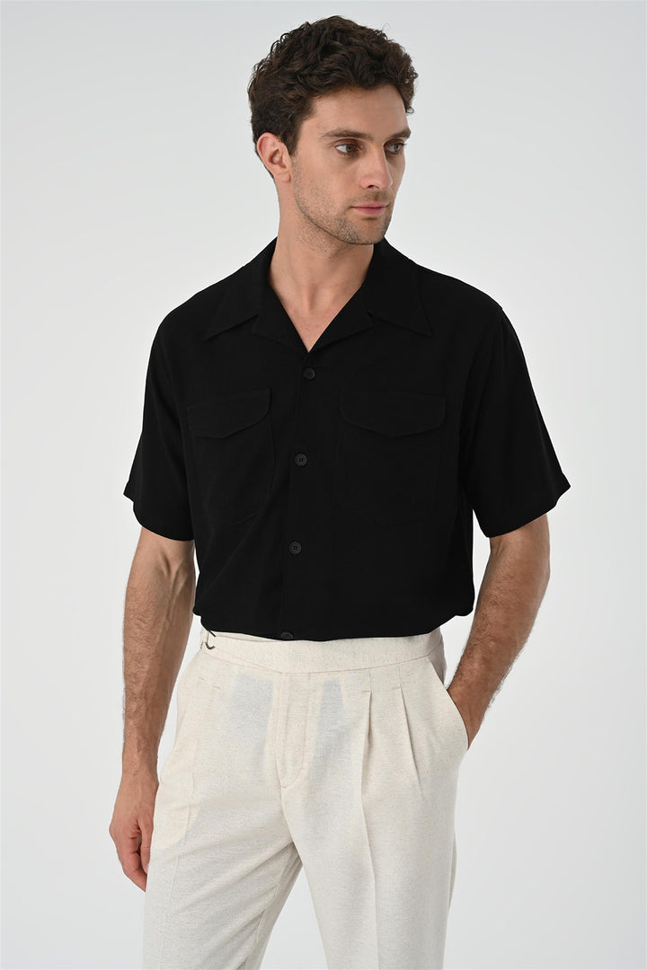 Men's Black Camp Collar Pocket Detailed  Shirt - Wessi