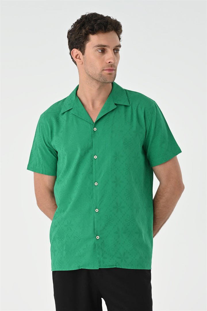 Men's Duck Green Woven Pattern Open Collar Shirt - Wessi