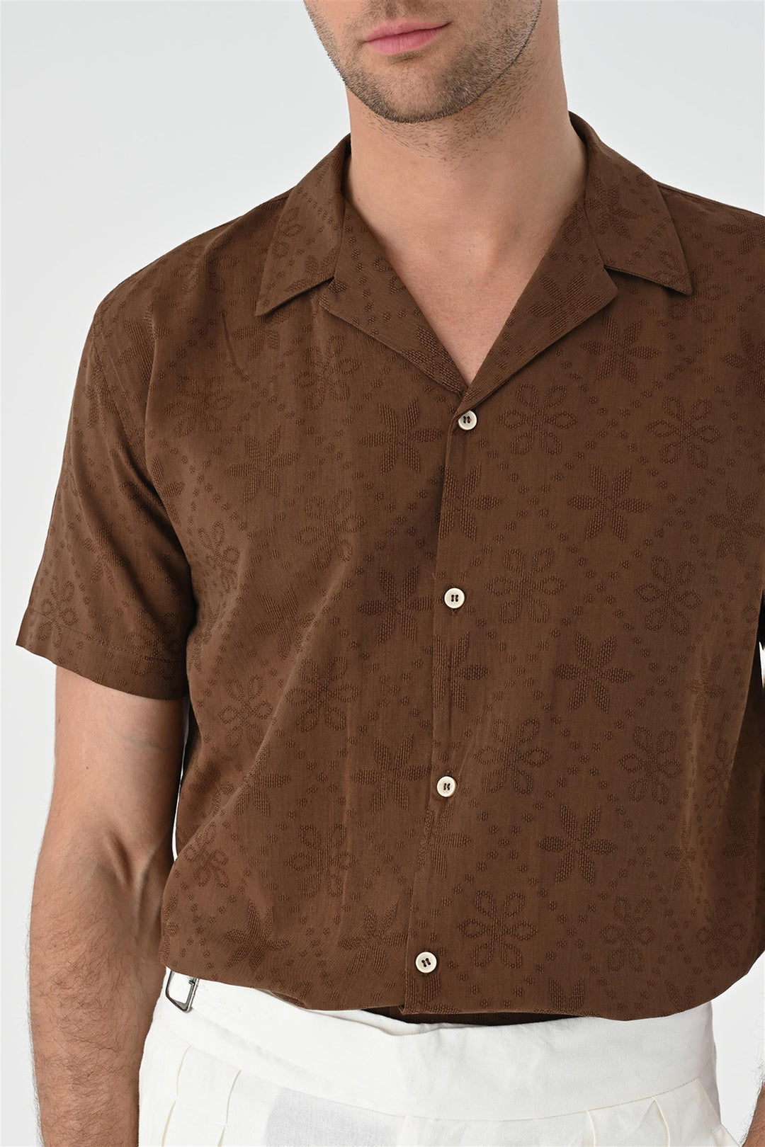 Men's Brown Knitted Patterned  Shirt with Camp Collar - Wessi