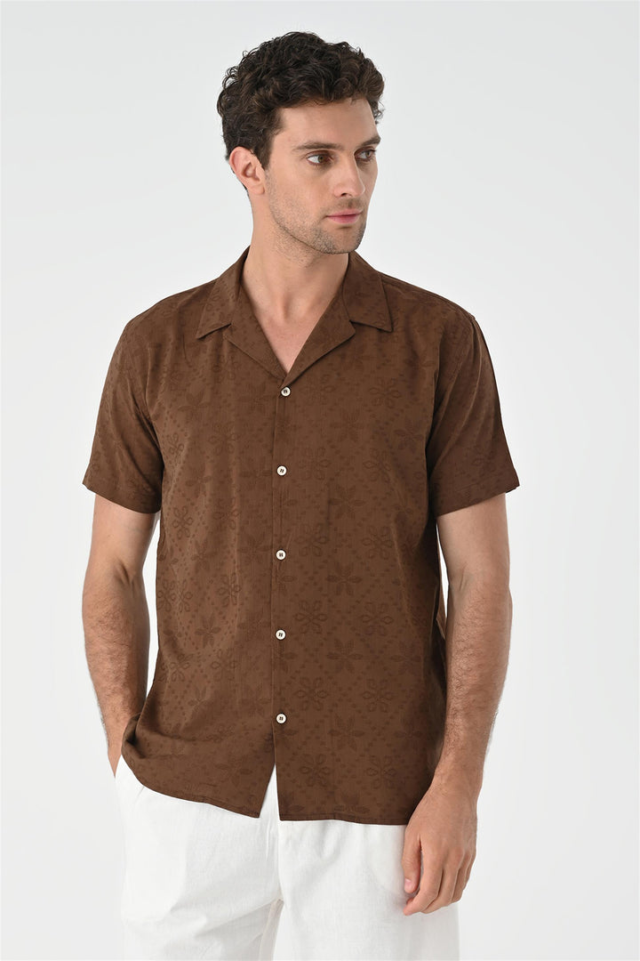 Men's Brown Knitted Patterned  Shirt with Camp Collar - Wessi