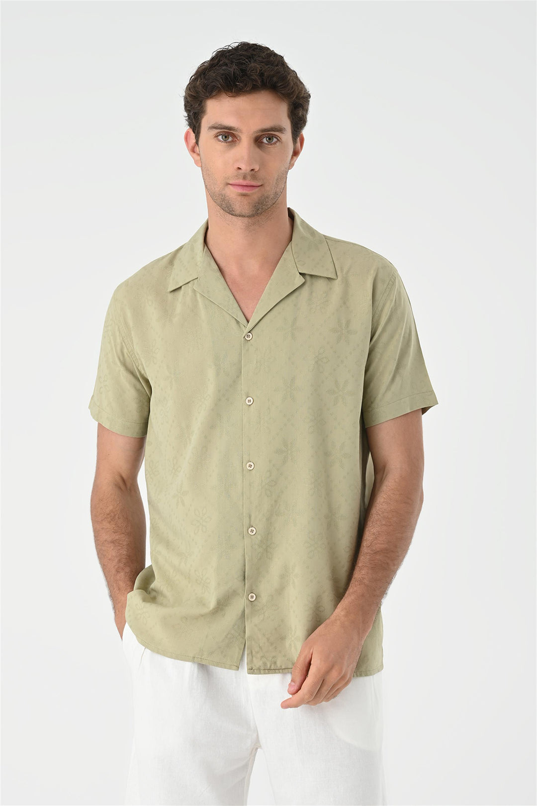 Men's Light Khaki Woven Pattern Open Collar Shirt - Wessi