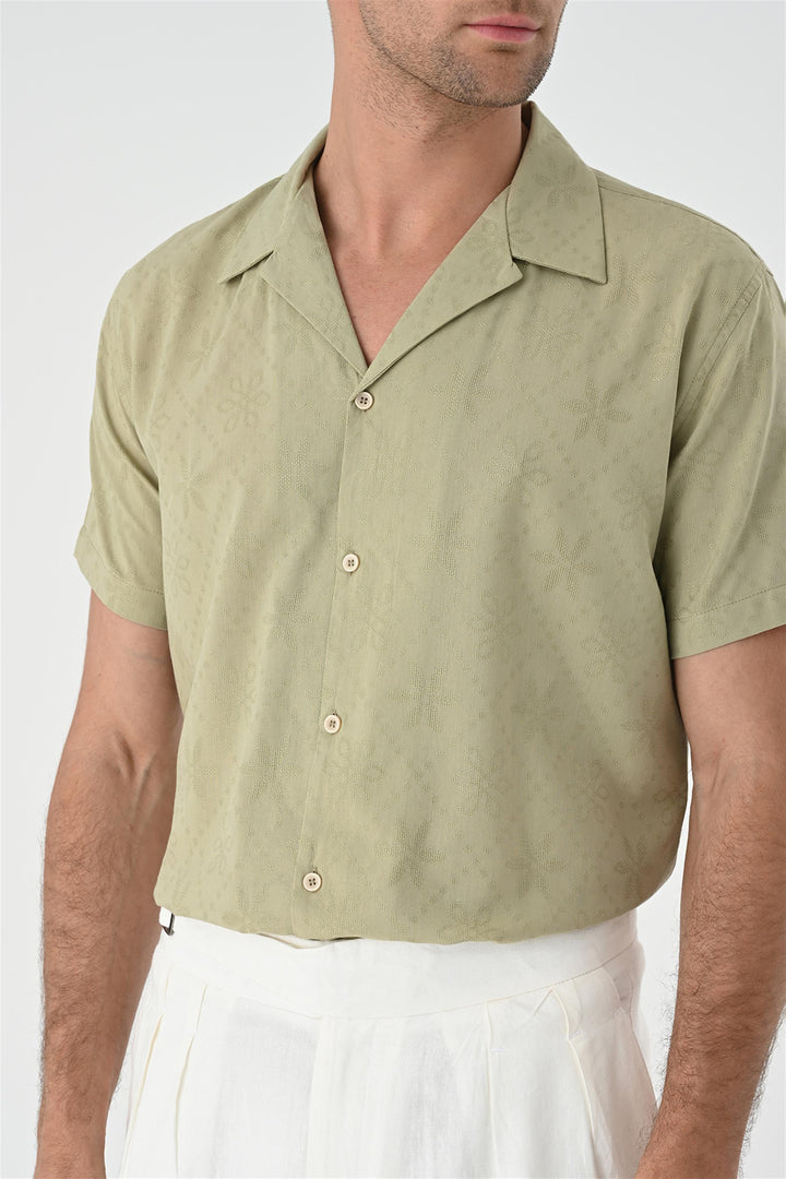 Men's Light Khaki Woven Pattern Open Collar Shirt - Wessi