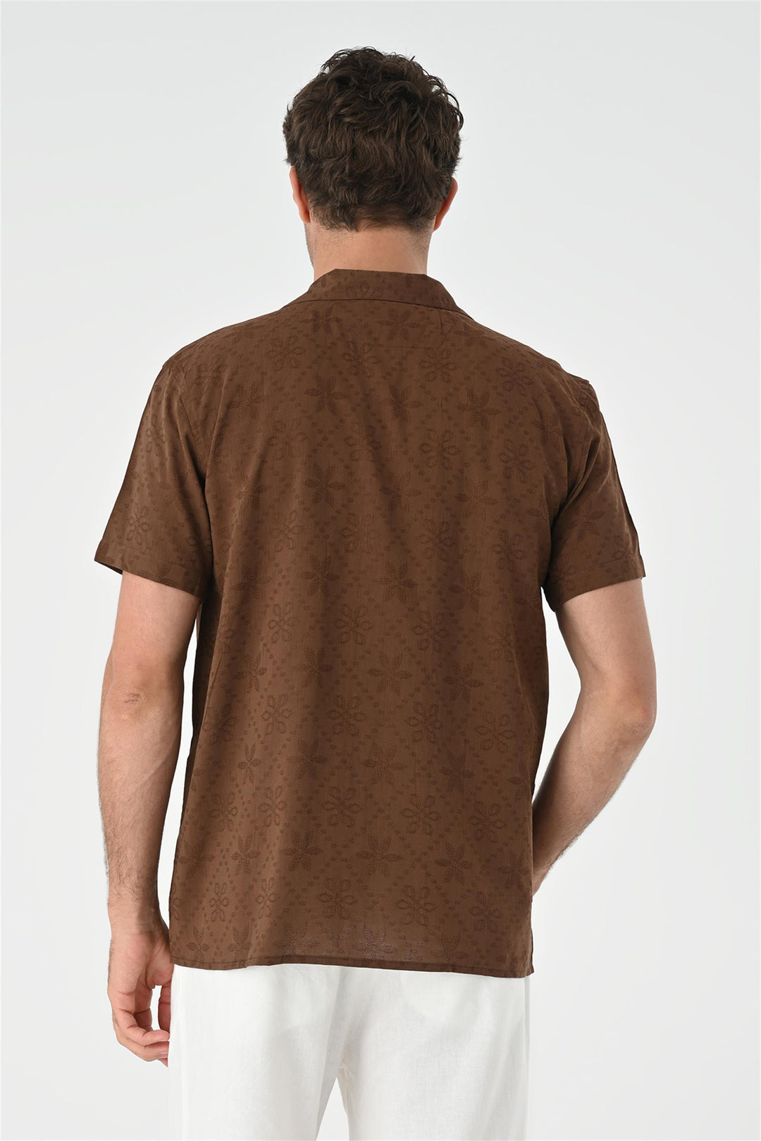 Men's Brown Knitted Patterned  Shirt with Camp Collar - Wessi