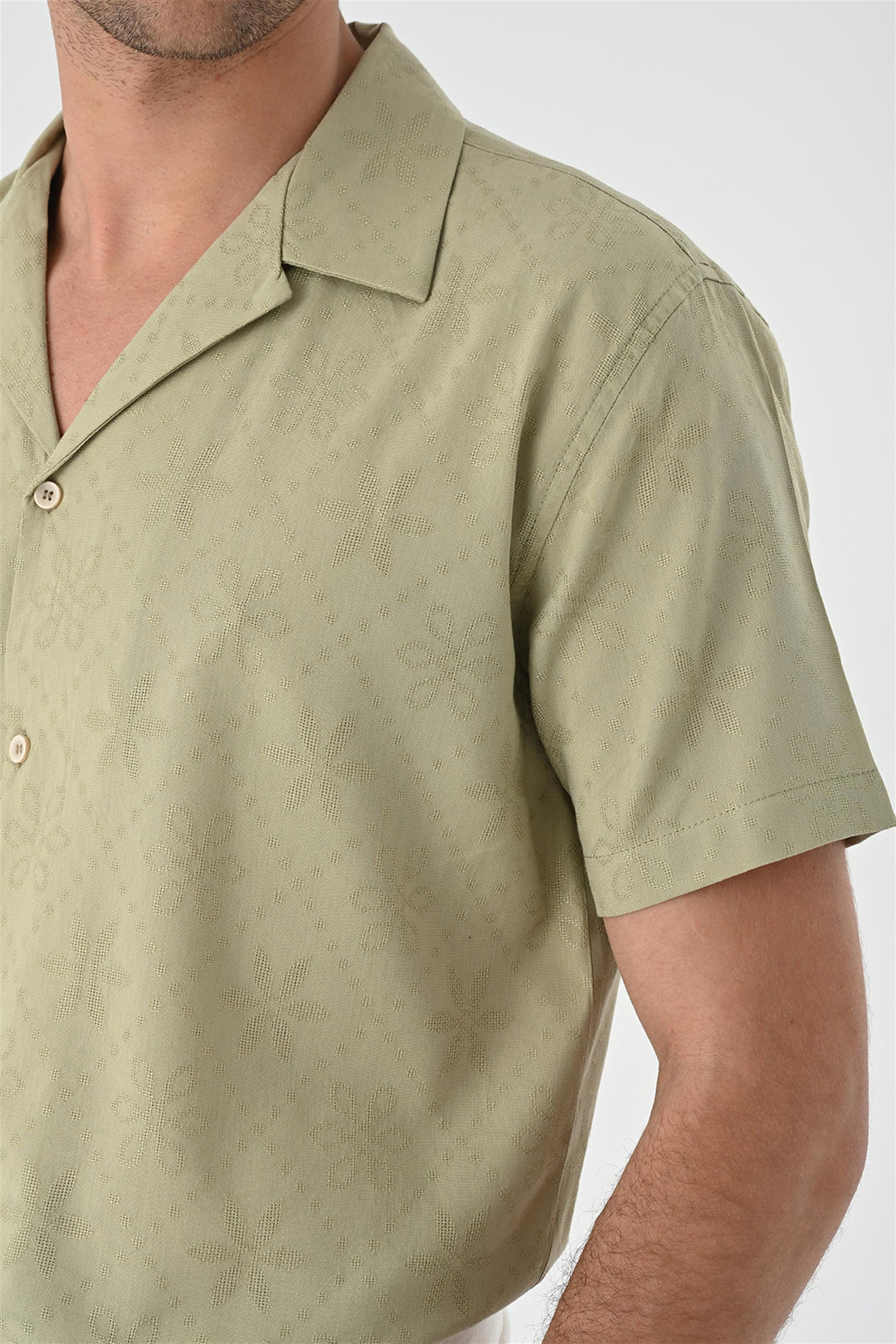 Men's Light Khaki Woven Pattern Open Collar Shirt - Wessi