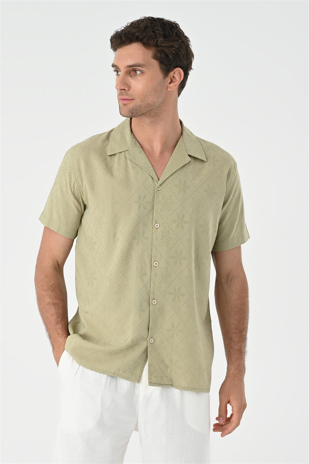 Men's Light Khaki Woven Pattern Open Collar Shirt - Wessi