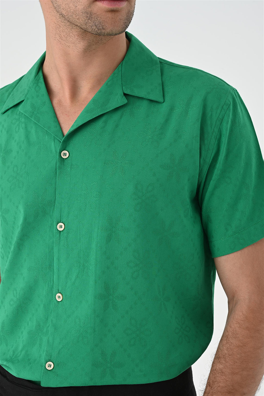 Men's Duck Green Woven Pattern Open Collar Shirt - Wessi