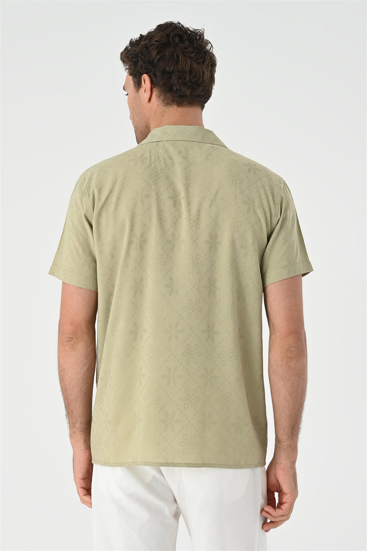 Men's Light Khaki Woven Pattern Open Collar Shirt - Wessi