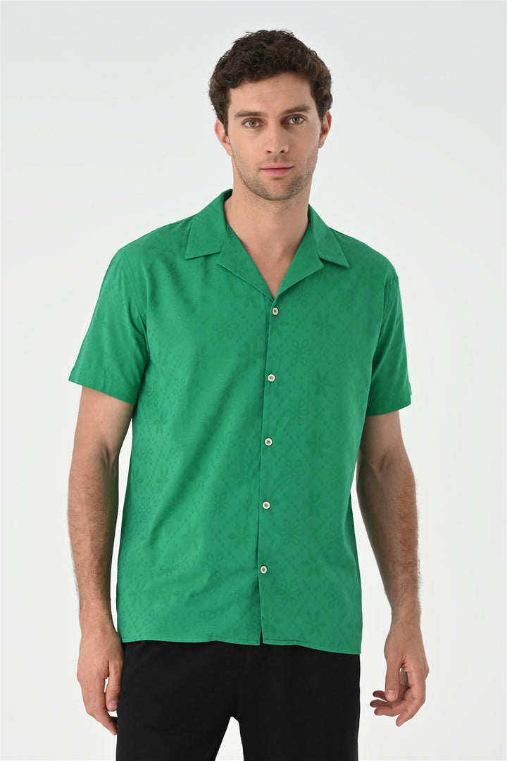 Men's Duck Green Woven Pattern Open Collar Shirt - Wessi