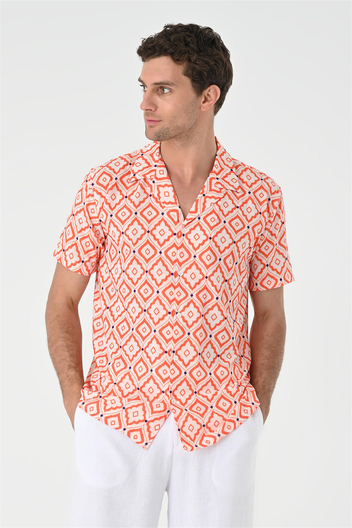 Men's Orange Ethnic Pattern Open Collar Short Sleeve Shirt - Wessi