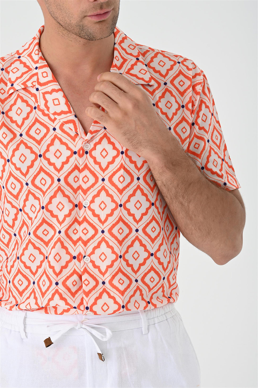 Men's Orange Ethnic Pattern Open Collar Short Sleeve Shirt - Wessi