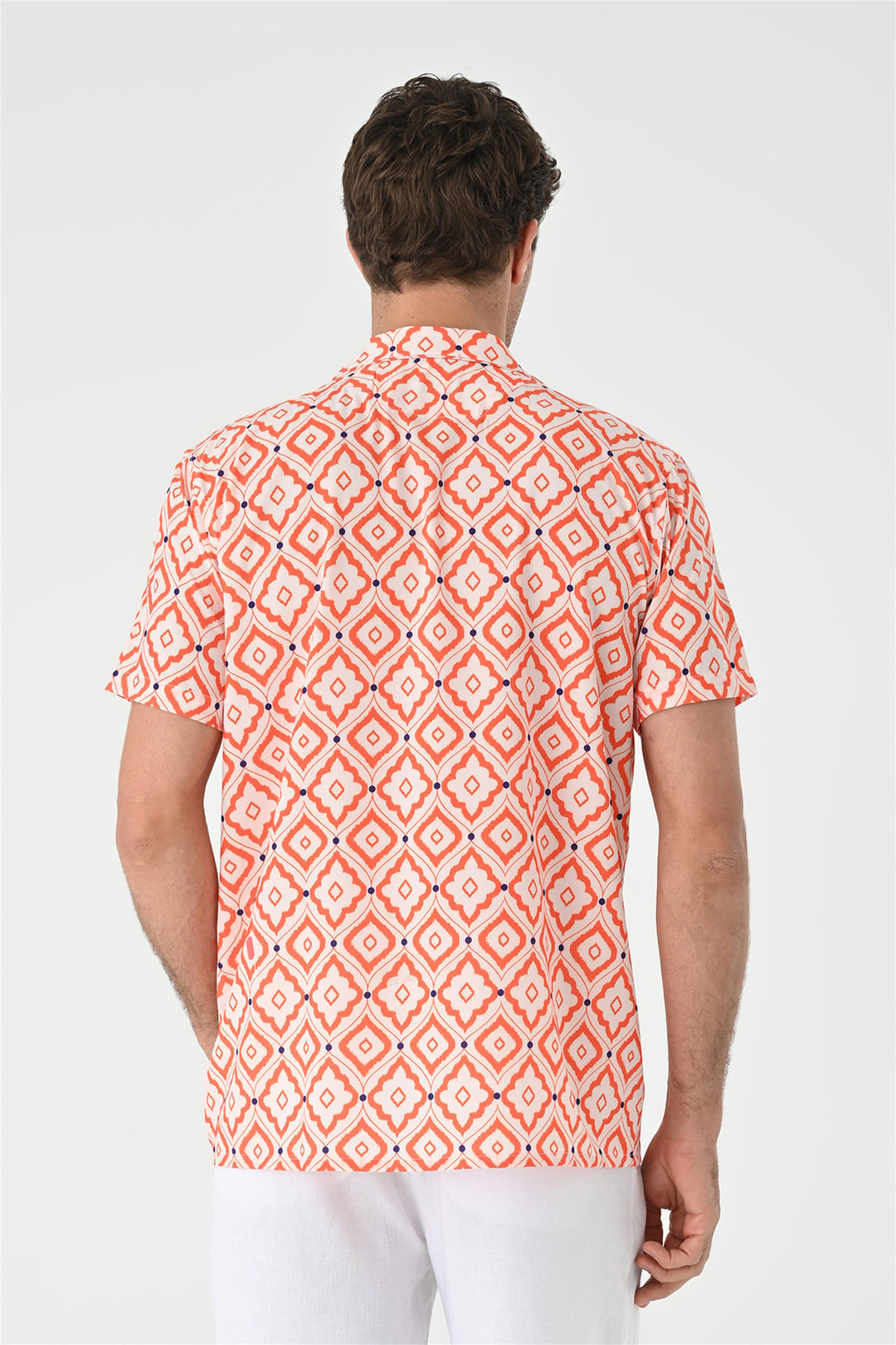 Men's Orange Ethnic Pattern Open Collar Short Sleeve Shirt - Wessi