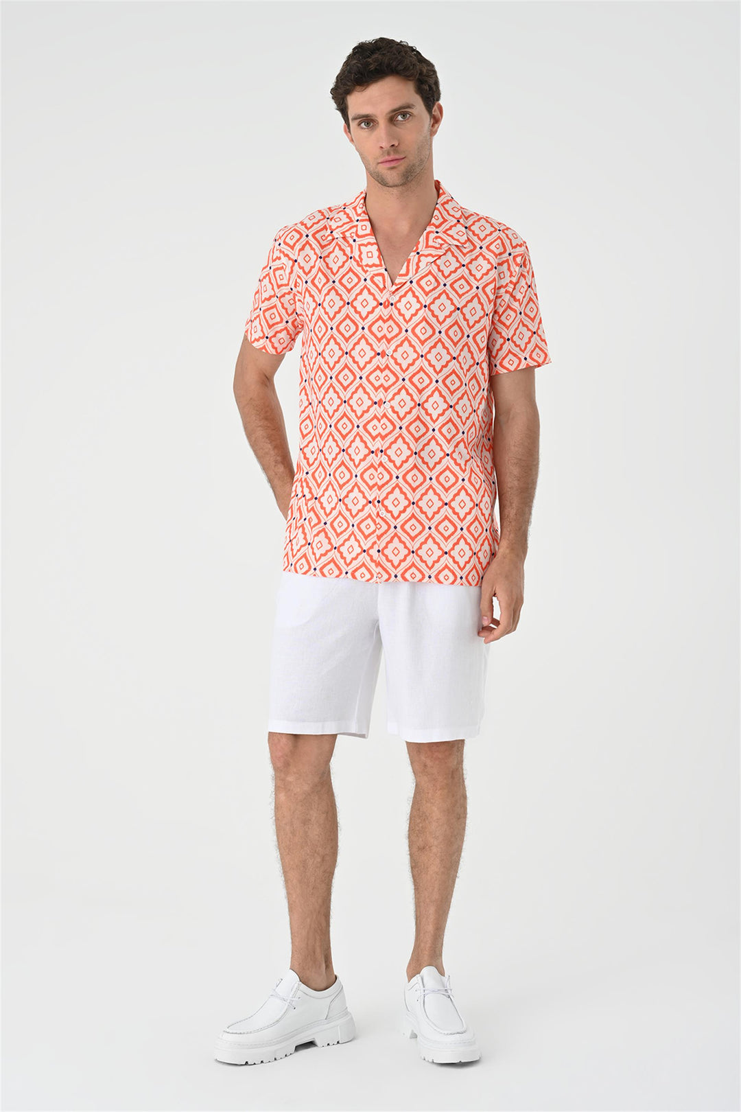 Men's Orange Ethnic Pattern Open Collar Short Sleeve Shirt - Wessi