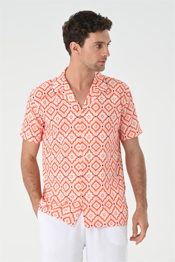 Men's Orange Ethnic Pattern Open Collar Short Sleeve Shirt - Wessi