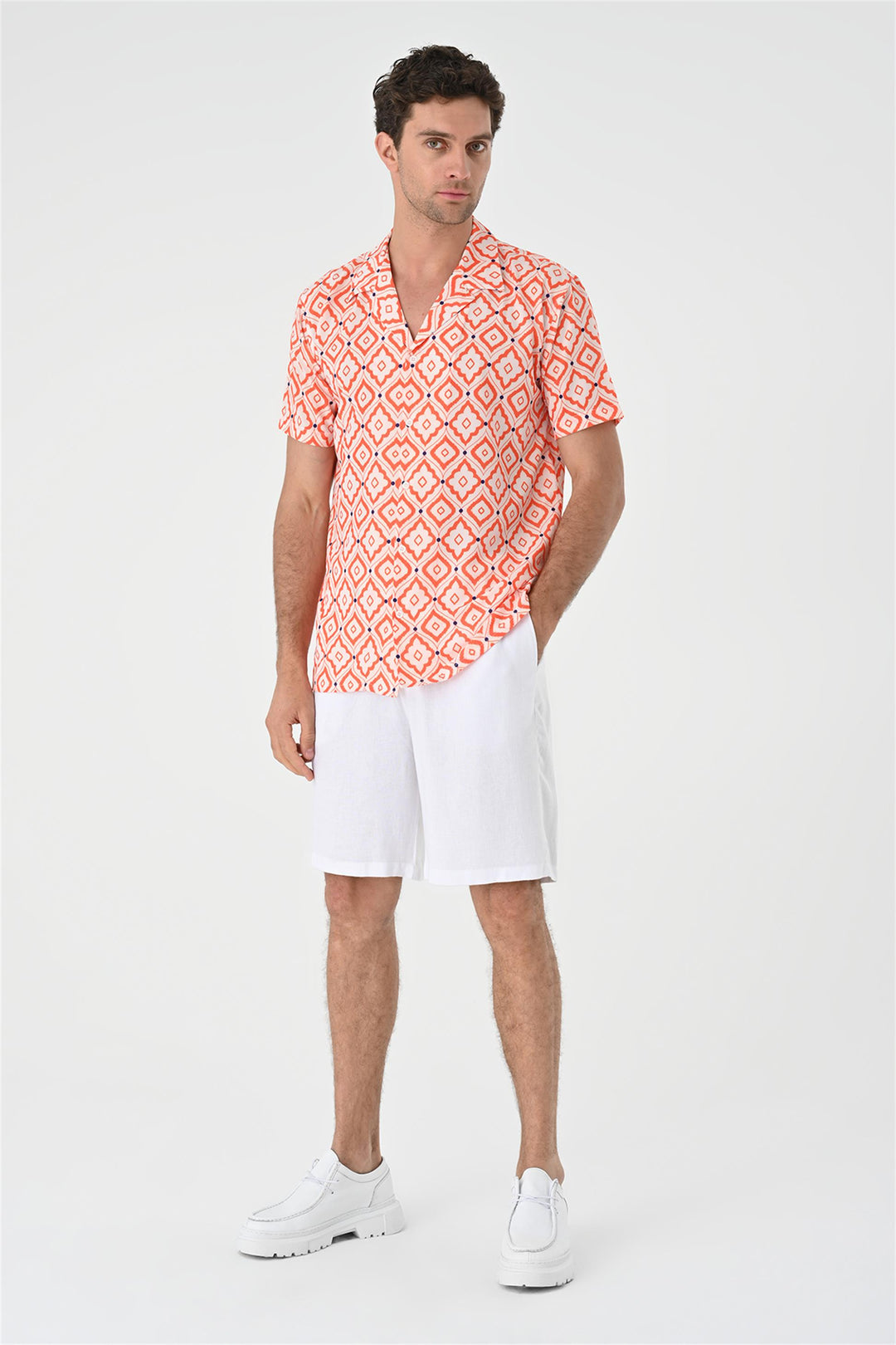 Men's Orange Ethnic Pattern Open Collar Short Sleeve Shirt - Wessi