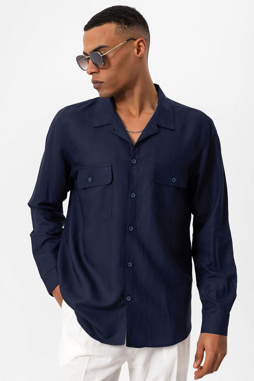 Men's Navy Blue Camp Collar Linen Blend Long-Sleeve Shirt - Wessi