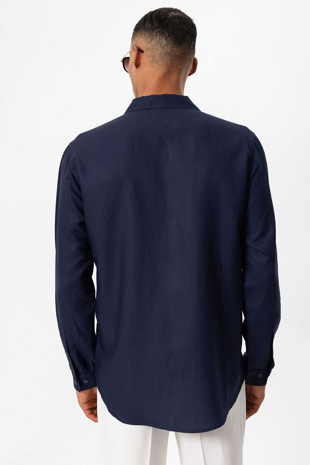 Men's Navy Blue Camp Collar Linen Blend Long-Sleeve Shirt - Wessi