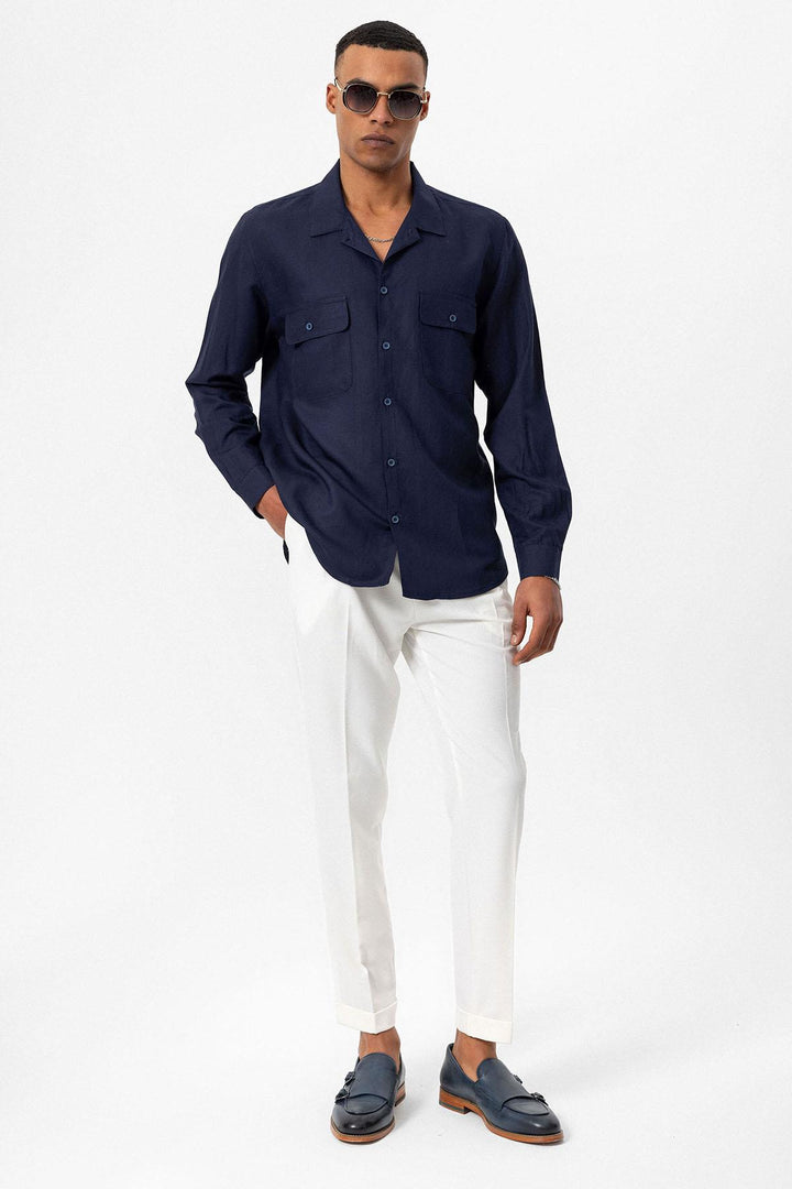 Men's Navy Blue Camp Collar Linen Blend Long-Sleeve Shirt - Wessi