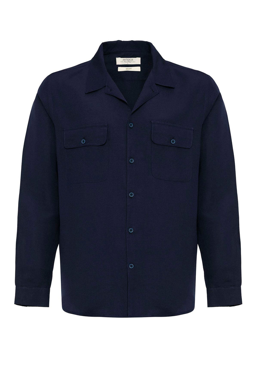 Men's Navy Blue Camp Collar Linen Blend Long-Sleeve Shirt - Wessi