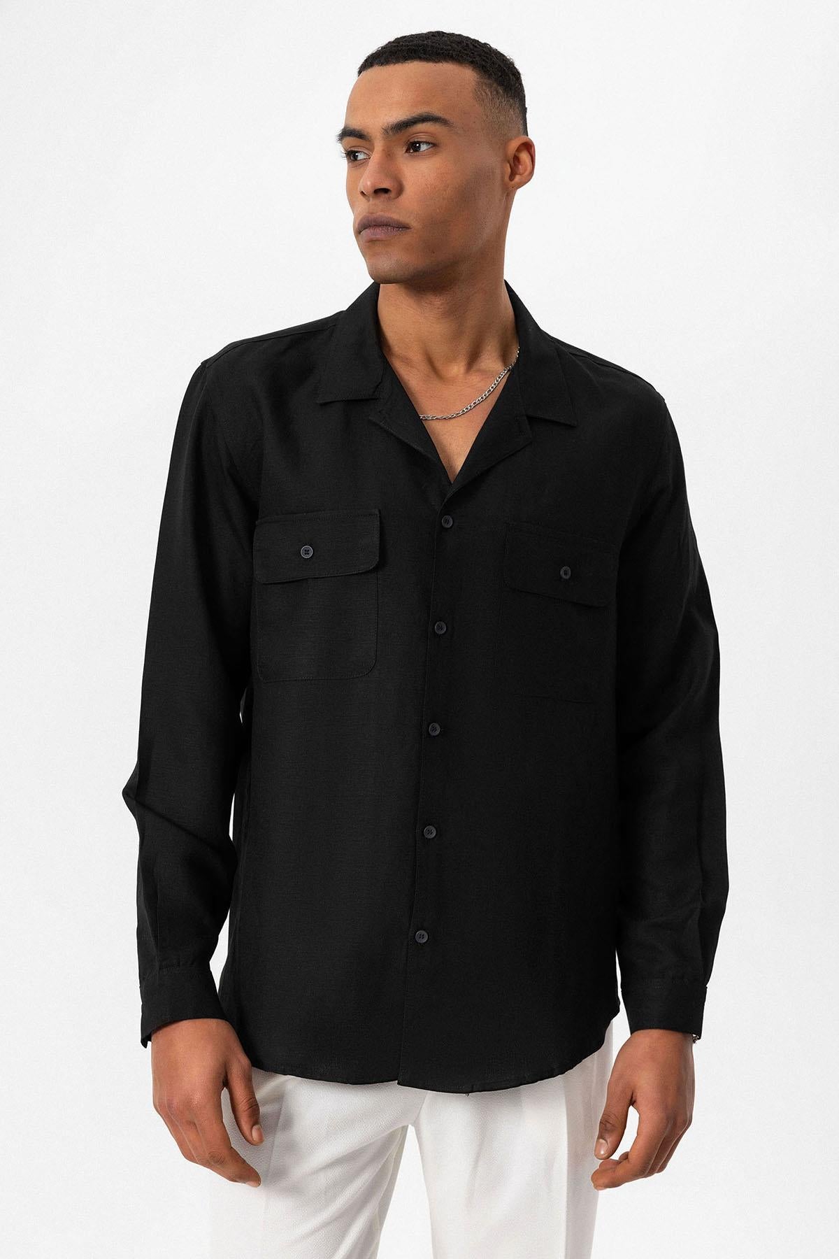 Men s Black Camp Collar Linen Blend Long Sleeve Shirt Wessi