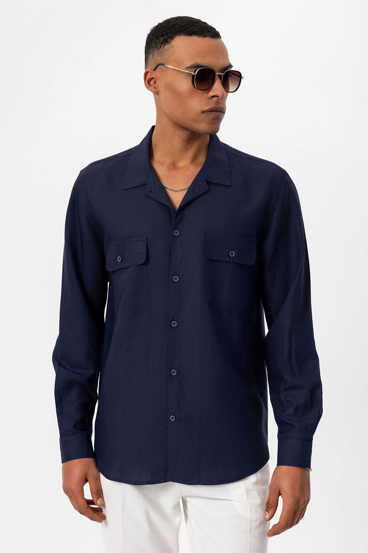 Men s Navy Blue Camp Collar Linen Blend Long Sleeve Shirt Wessi