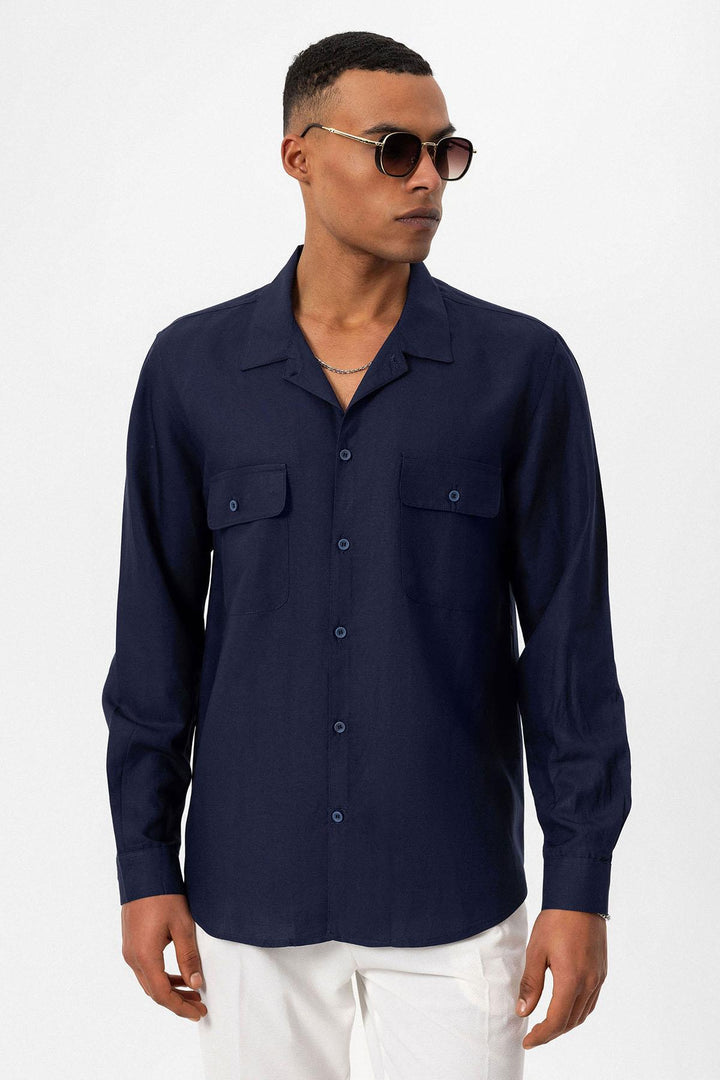 Men's Navy Blue Camp Collar Linen Blend Long-Sleeve Shirt - Wessi